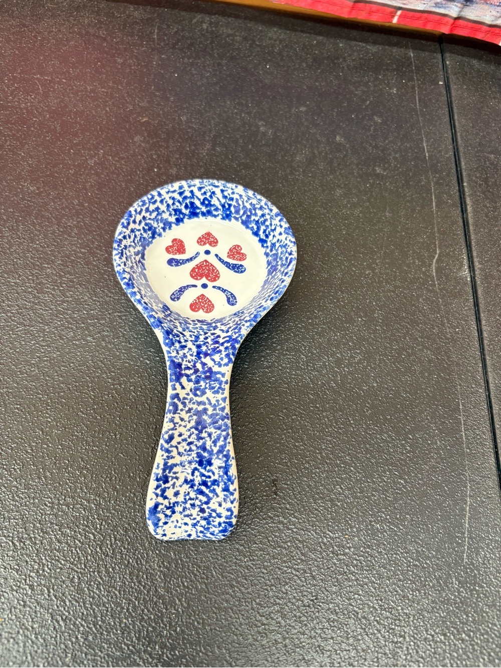 Speckled Blue Ceramic Spoon Rest with Red Heart Motif